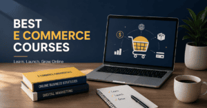 person learning e commerce courses on a laptop