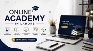 Student attending an online academy class in Lahore from home